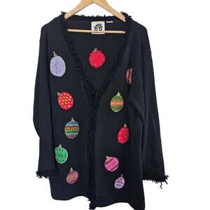 Vintage Storybook Knits Cardigan Women Size 2X Black Christmas Embroidered Retro